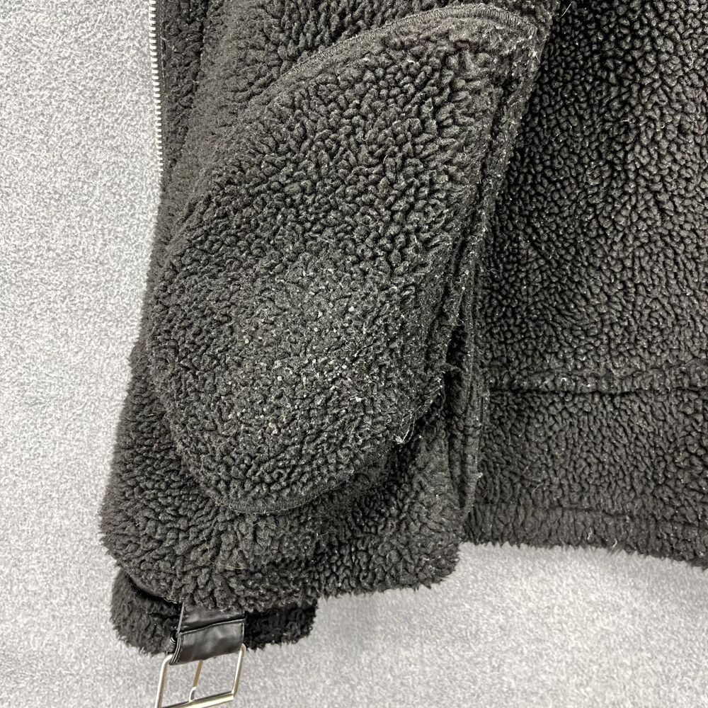 Zara Motorcycle Jacket Women XS Black Black Double Sided Strap Faux Suede Fleece - Picture 16 of 16